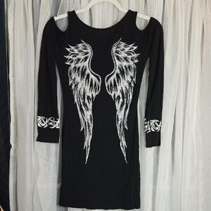 #139 OP Fairycore,Grunge,Y2K, Black Dress with Silver Angel Wing Design